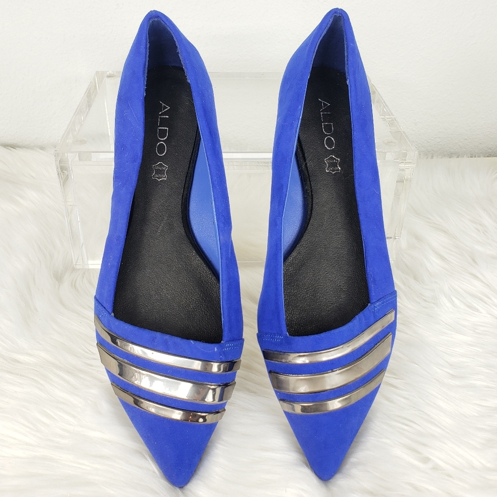 ALDO Cobalt Blue Baldon Pointed Toe Flats with Pewter Metallic Strips Women's 8